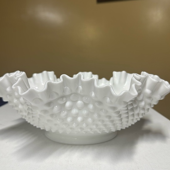 Sold
Fenton Hobnail White Milk Glass Ruffled Edge Bowl 11.5” by 4” - Picture 5 of 5